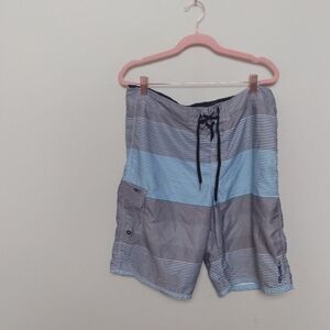O' Neill Men's Blue, White, And Black Striped Drawstring Board Shorts Size 34